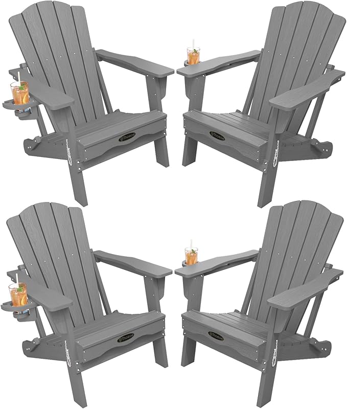 Folding Adirondack Chair Set of 4,HDPE All-Weather Outdoor Chair with Cup Holder,Wooden Textured,Fire Pit Chair,Plastic Patio Chair for Deck,Backyard,Garden,Lawn(Grey)