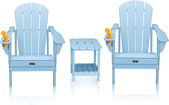 VINGLI Plastic Adirondack Chairs Set of 2 with Table, Folding with Cup Holder, Waterproof HDPE Material, 380lb Weight Capacity for Outdoor Pool Patio Lounge Chair Lawn Furniture Firepit (Blue)
