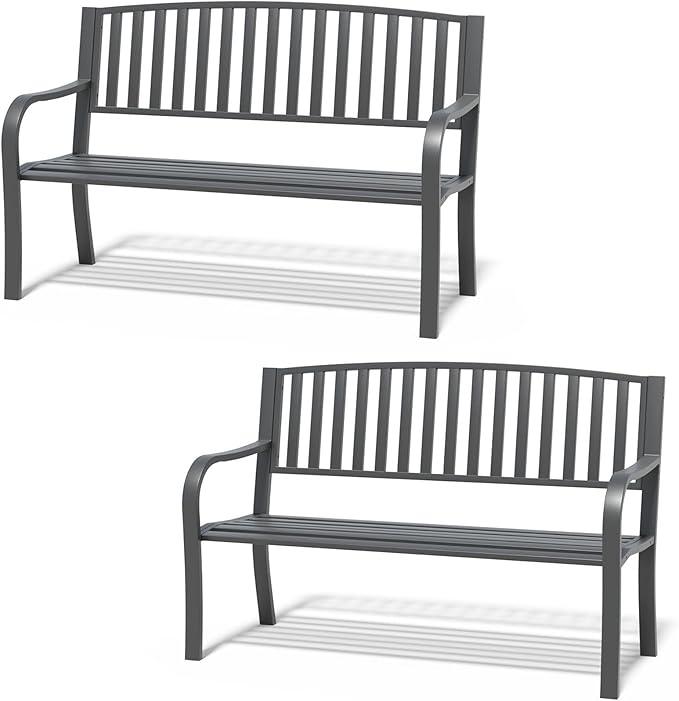 Metal Bench Patio Bench, Outdoor Benches Weatherproof with Slat Backrest, Wrought Iron Garden Benches for Outdoors, Patio, Garden, Park, 2 Pack