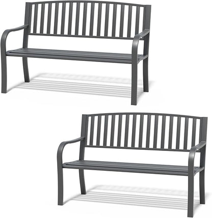 Metal Bench Patio Bench, Outdoor Benches Weatherproof with Slat Backrest, Wrought Iron Garden Benches for Outdoors, Patio, Garden, Park, 2 Pack