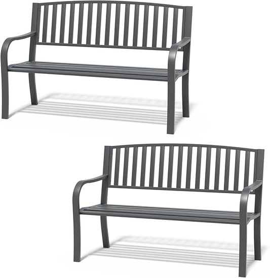 Metal Bench Patio Bench, Outdoor Benches Weatherproof with Slat Backrest, Wrought Iron Garden Benches for Outdoors, Patio, Garden, Park, 2 Pack