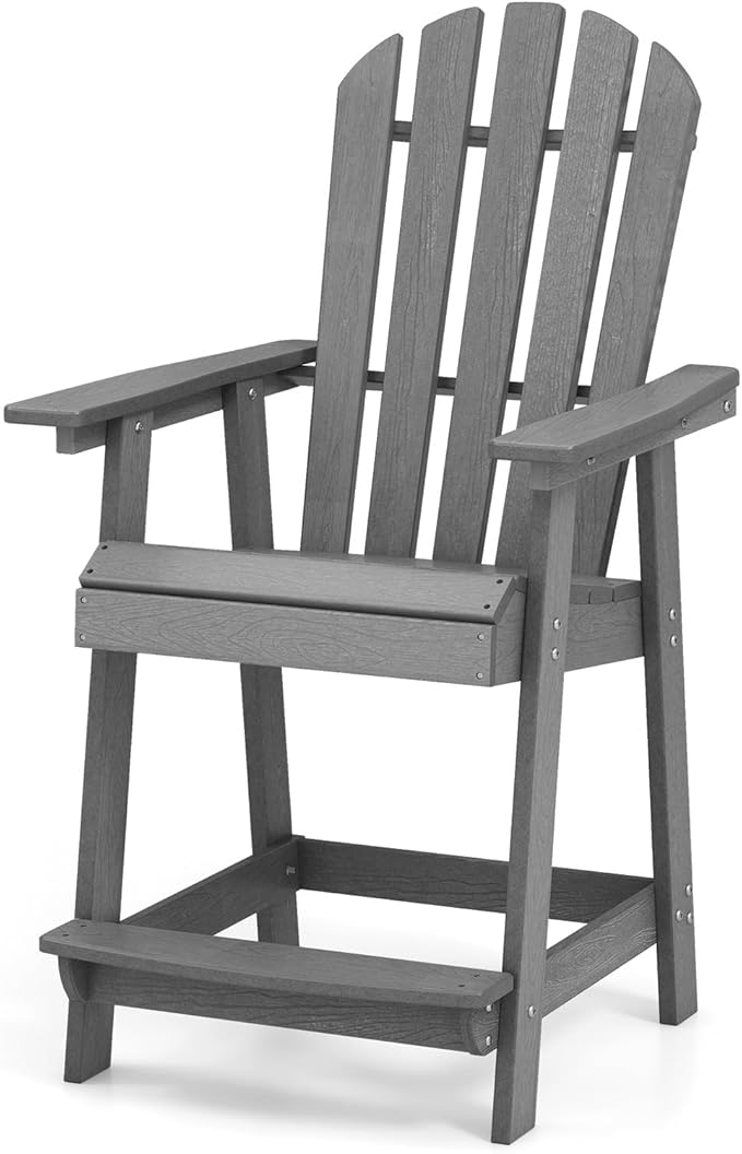 Giantex Tall Adirondack Chair, HDPE Outdoor Bar Stools with Armrests, 4.5” Wide Footrest, Patio Adirondack Barstools, All-Weather Balcony Chairs for Poolside, Garden, Backyard (1, Grey)