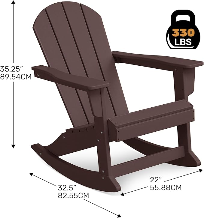 Costaelm Outdoor Adirondack Chair Set of 2, All Weather Resistant Classic Balcony Chair and Fire Pit Chairs, Plastic Outdoor Porch Furniture Rocking Chair High Back HDPE Poly Lumber, Dark Brown