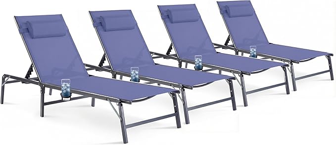 Foldable Outdoor Lounge Chairs Set of 4, No Assembly Chaise Lounge Outdoor with Cup Holder and 6 Adjustable Positions - Photo 1