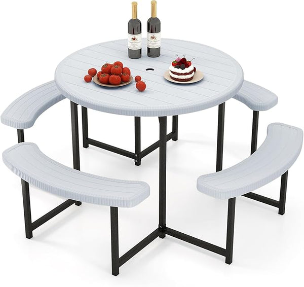 Giantex Picnic Table Bench Set for 4-8 Person, Round 37” Outdoor Dining Table w/Umbrella Hole, HDPE Tabletop - Photo 1