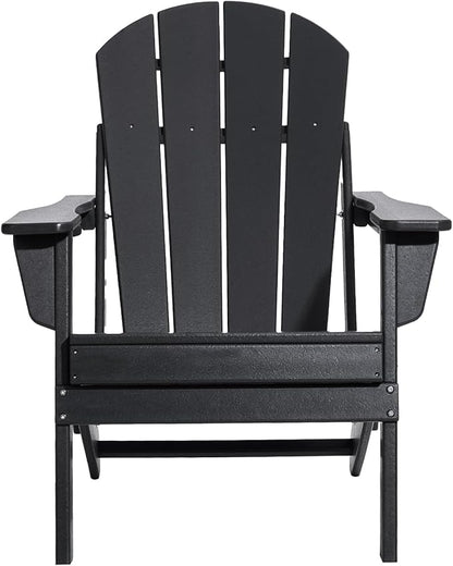 VEVOR Folding Adirondack Chairs Set of 2 with Cup Holder, All-Weather Portable Plastic Fire Pit Chair, Outdoor Adirondack Patio Chair, with Relaxing Arm Rest Ergonomic, for Garden, Backyard, Black