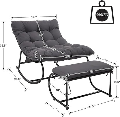 2 Piece Outdoor Rocking Chairs with Ottoman, Patio Oversized Rocking Egg Chair with Cushion, Papasan Chair Set of 2 for Outside, Outdoor Padded Chairs, Grey
