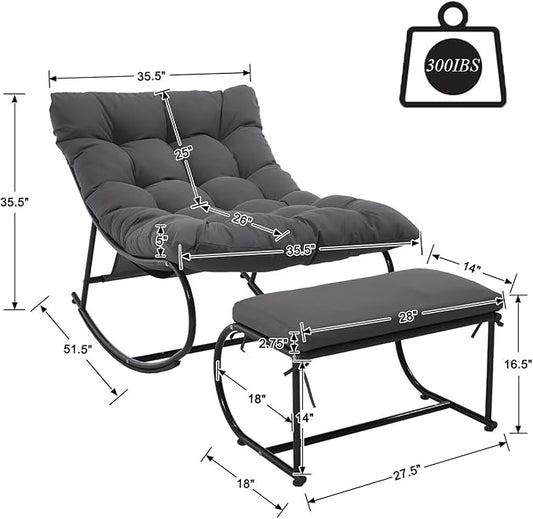 2 Piece Outdoor Rocking Chairs with Ottoman, Patio Oversized Rocking Egg Chair with Cushion, Papasan Chair Set of 2 for Outside, Outdoor Padded Chairs, Grey