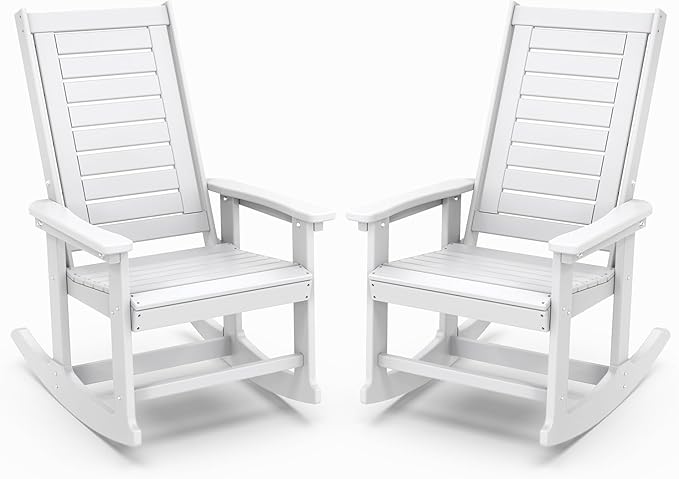 IVY&LANE Outdoor Rocking Chairs Set of 2 | Porch-Rockers | White | HDPE Plastic | All-Weather | High Back | Wide Seat | Oversized Patio Rocker for Adult | for Outside Deck Balcony Garden
