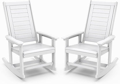 IVY&LANE Outdoor Rocking Chairs Set of 2 | Porch-Rockers | White | HDPE Plastic | All-Weather | High Back | Wide Seat | Oversized Patio Rocker for Adult | for Outside Deck Balcony Garden