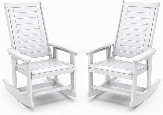 IVY&LANE Outdoor Rocking Chairs Set of 2 | Porch-Rockers | White | HDPE Plastic | All-Weather | High Back | Wide Seat | Oversized Patio Rocker for Adult | for Outside Deck Balcony Garden