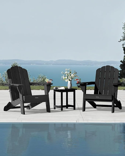 Adirondack Chairs Set of 2, HDPE Material Fire Pit Chairs, Plastic Adirondack Chairs with 2 Cup Holder, Outdoor Lawn Chair for Patio Garden, Black