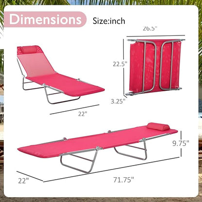 3-in-1 Heavy Duty Tanning Chair with Face Hole Adjustable 5-Position Folding Chaise Lounge Chairs Portable Lay Flat Beach Lounge Chair for Outdoor Sunbathing Patio Pool Lawn Camping Deck (Pink 2)