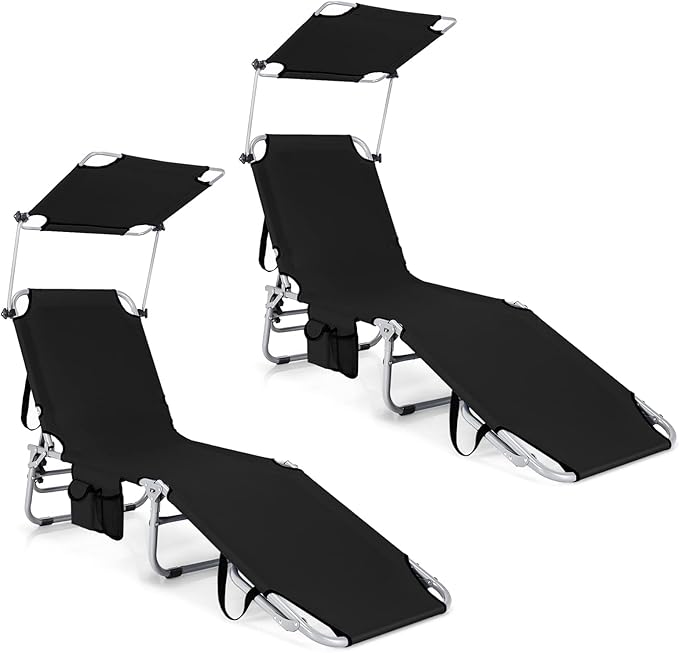 GYMAX Tanning Chair, Beach Lounge Chair with Canopy Sunshade, Carry Handle & Pocket, 5 Level Adjustable Layout Chaise Lounge for Outside, Folding Sunbath Chair for Outdoor, Patio, Poolside (2, Black)