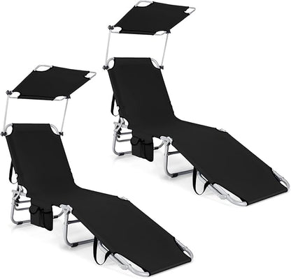GYMAX Tanning Chair, Beach Lounge Chair with Canopy Sunshade, Carry Handle & Pocket, 5 Level Adjustable Layout Chaise Lounge for Outside, Folding Sunbath Chair for Outdoor, Patio, Poolside (2, Black)
