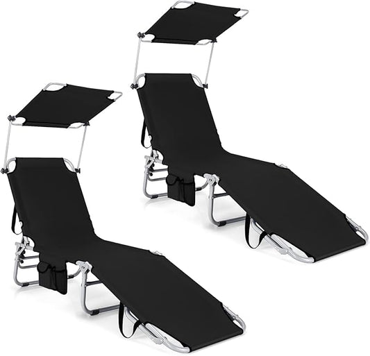 GYMAX Tanning Chair, Beach Lounge Chair with Canopy Sunshade, Carry Handle & Pocket, 5 Level Adjustable Layout Chaise Lounge for Outside, Folding Sunbath Chair for Outdoor, Patio, Poolside (2, Black)