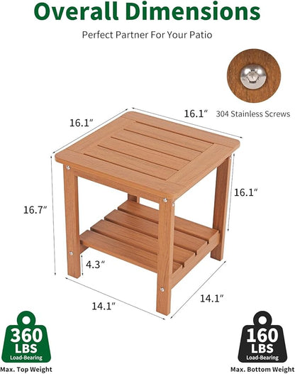 Kibaso-Adirondack Outdoor Side Table, 2-Tier HDPE Outdoor End Table, Weather Resistant Easy Maintenance, Small Patio Side Table for Patio, Pool, Porch, Garden, Lawn, and Living Room (2, Rustic Teak)