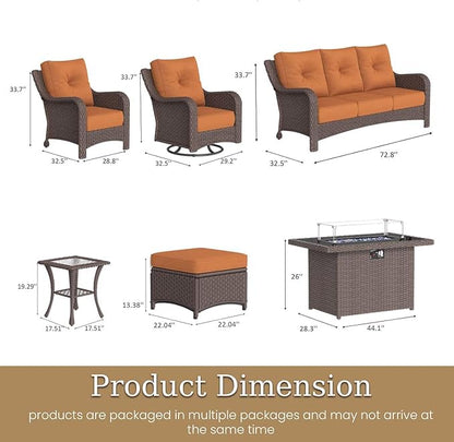 10 Piece Patio Furniture Set with Fire Pit Table, All-Weather Wicker Outdoor Conversation Set with Swivel Rocking Chair and 6 Inch Thick Cushions