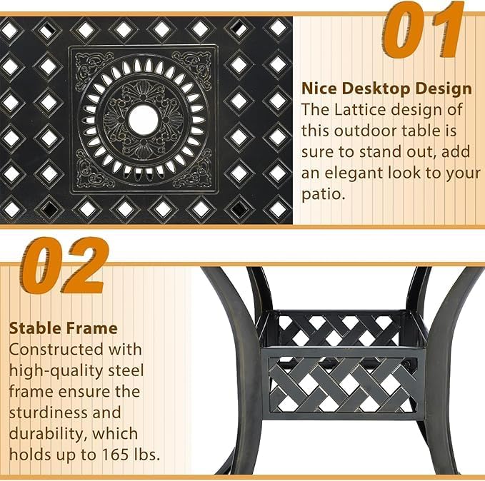 Outdoor Cast Aluminum Patio Table, 30.5” Square Bistro Table with 2.2” Umbrella Hole for Patio Garden Deck Backyard