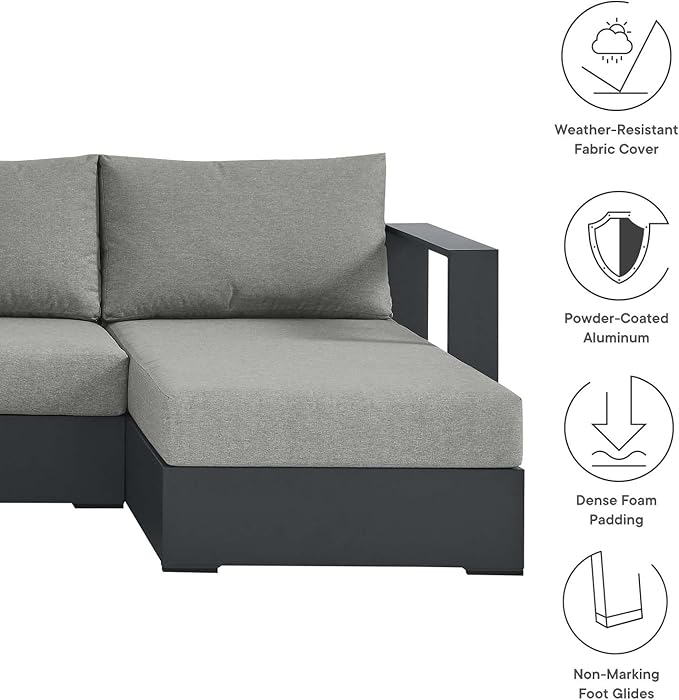 Modway Tahoe Aluminum 4-Piece Outdoor Patio Furniture Gray, Modular Sectional Sofa Set with Chaise Lounges, Weather-Resistant Cushion, Ideal for Deck, Backyard, Poolside