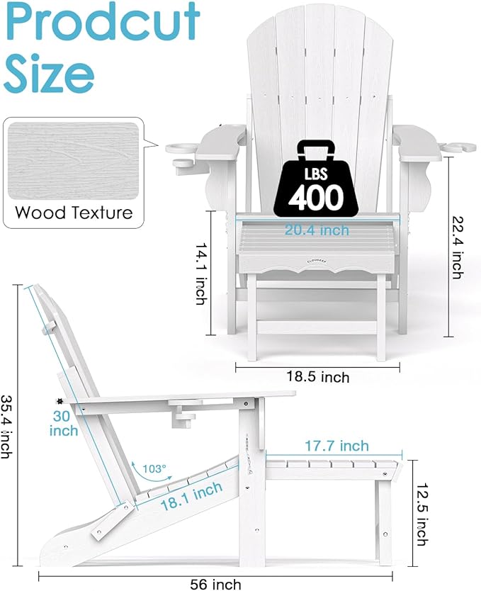 Folding Adirondack Chair with Ottoman, Recyclable HDPE Adirondack Patio Chair with 2 Cup Holder, Outdoor Fire Pit Chairs with Pull Out Footrest, Weather Resistant for Garden, Deck, Poolside, White