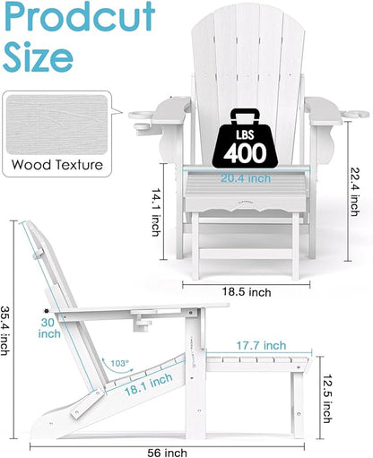 Folding Adirondack Chair with Ottoman, Recyclable HDPE Adirondack Patio Chair with 2 Cup Holder, Outdoor Fire Pit Chairs with Pull Out Footrest, Weather Resistant for Garden, Deck, Poolside, White