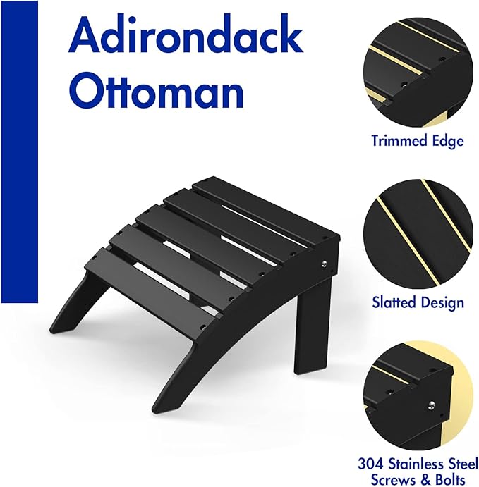 Briopaws Folding Adirondack Ottoman, 19.7W x 18.5L x 13H Inch, HDPE All Weather Adirondack Chair Footrest, Plastic Footstool for Deck Backyard Patio Outdoor Poolside Porch Lawn Indoor, Black