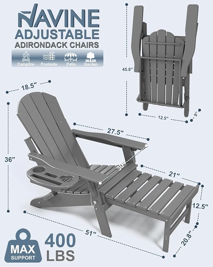 Adjustable Adirondack Chair with Retractable Ottoman Set of 2, HDPE Folding Adirondack Chair with Cup Holder - Photo 3