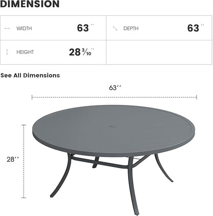 Patio Dining Table for 8-10, Round Metal Outdoor Table with 1.57" Umbrella Hole, 63" Outdoor Slat Tabletop Dining Table for Backyard, Porch, Lawn, Dark Grey