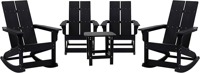 Flash Furniture Set of 4 Finn Modern Commercial Grade Adirondack Rocking Chairs - All-Weather Black Poly Resin Wood - Photo 1