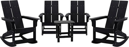 Flash Furniture Set of 4 Finn Modern Commercial Grade Adirondack Rocking Chairs - All-Weather Black Poly Resin Wood - Matching Side Table