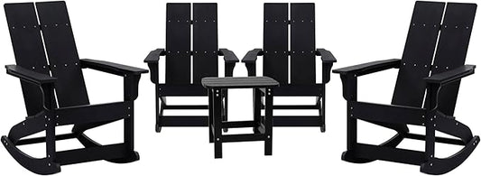 Flash Furniture Set of 4 Finn Modern Commercial Grade Adirondack Rocking Chairs - All-Weather Black Poly Resin Wood - Matching Side Table