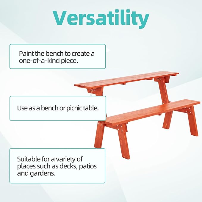AVAWING Outdoor Convertible Bench, 2-in-1 Transforming Picnic Table Bench, Wooden Garden Bench for Backyard, Porch, Patio, Tangerine