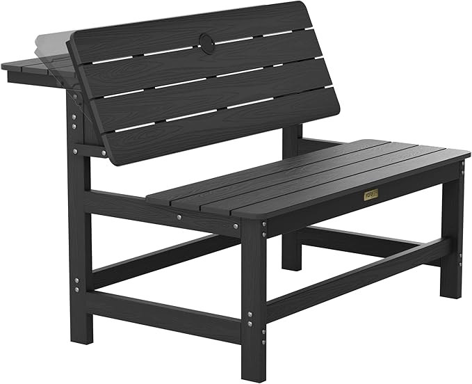 YEFU Convertible Bench Picnic Table: HIPS Convert a Bench with Umbrella Hole - Foldable Space-Saving Picnic Outdoor Benches for Outside Patio Porch Backyard Park Garden Black