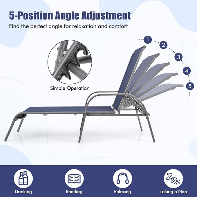 Tangkula Outdoor Lounge Chair, Patio Chaise Lounge with Adjustable Backrest, Reclining Pool Lounge Chair for Outside with Heavy Duty Steel Frame for Beach, Yard, Balcony, Poolside (Navy)