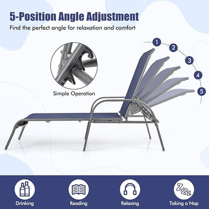 Tangkula Outdoor Lounge Chair, Patio Chaise Lounge with Adjustable Backrest, Reclining Pool Lounge Chair for Outside with Heavy Duty Steel Frame for Beach, Yard, Balcony, Poolside (Navy)