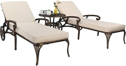 VINGLI Cast Aluminum Outdoor Chaise Lounge Chair and Side Table Set, Patio Chaise Lounge with 3-Position Adjustable Backrest, Tanning Chair Reclining Chair Poolside Lounge Chair (with Round Table)