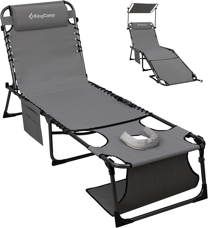 KingCamp Lounge Chair with face Hole & Canopy Shade, 400LBS Folding Portable Tanning Chair with face Hole, Adjustable 5-Position Foldable Beach Sun Tanning Chair for Outside Beach Patio Outdoor Pool