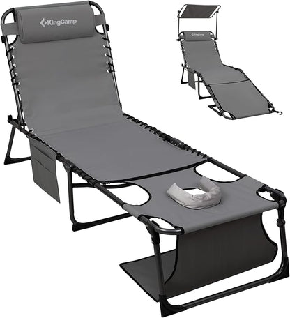 KingCamp Lounge Chair with face Hole & Canopy Shade, 400LBS Folding Portable Tanning Chair with face Hole, Adjustable 5-Position Foldable Beach Sun Tanning Chair for Outside Beach Patio Outdoor Pool