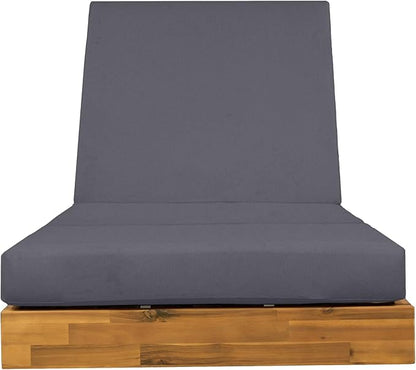 Acacia Wood Chaise Lounge with Cushion - Teak Finish Outdoor Recliner with Dark Gray 3-Fold Water-Repellent Cushion, 300lbs Capacity