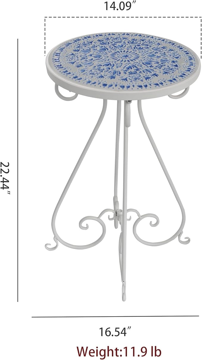 Outdoor Side Table & Mosaic Plant Stand, 14" Ceramic Tile Top Round End Table Accent Table, Indoor Outdoor Coffee Tea Table for Yard Porch Garden Patio Living Room Bedroom (Blue, 14 Inch)