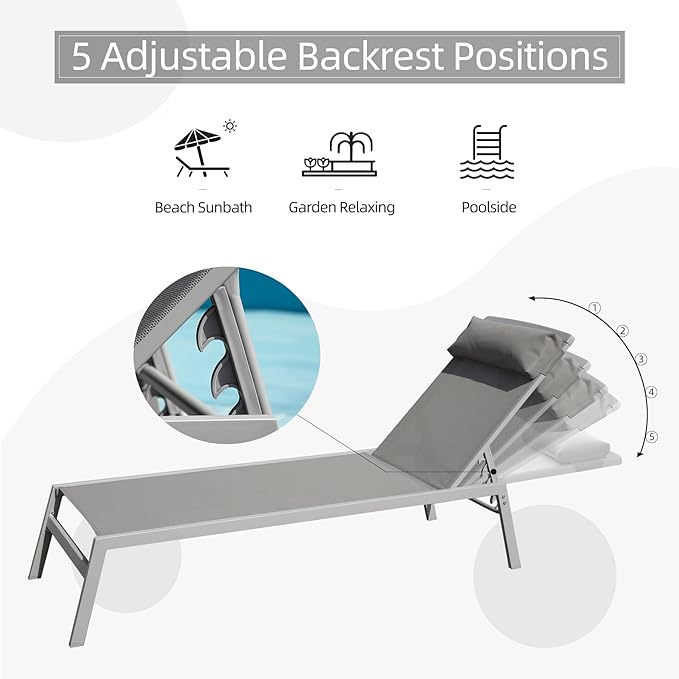Domi Patio Chaise Lounge Set, Aluminum Pool Lounge Chairs with 5 Adjustable Position, Breathable Textilene Fabric, Sunbathing Pool Chairs with Headrest and Side Table, Grey