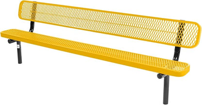 COATEDOUTDOORFURNITURE Heavy-Duty Outdoor Bench Thermoplastic Coated, Expanded Metal, Commercial-Grade Seating, Made in America (Inground with Back, 8 Ft, Textured Yellow)