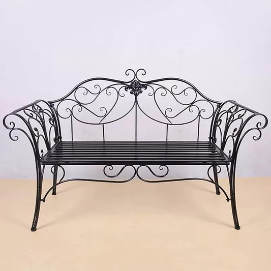 Elegant Black Metal Garden Bench with Exquisite Carvings - Stylish Outdoor Seating for Patio, Park, Lawn, and Yard - Perfect for Relaxation and Decor