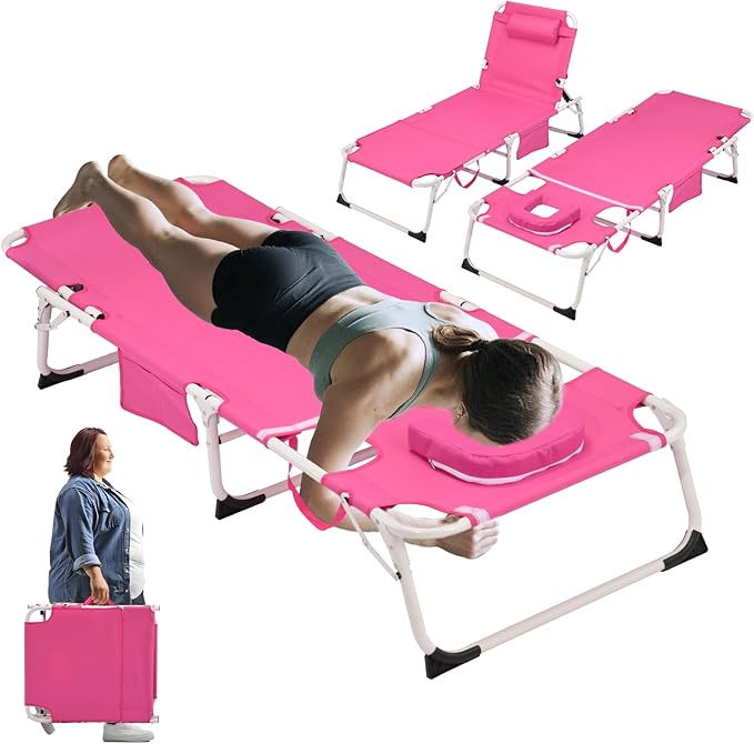 XMT 3-in-1 Tanning Chair with Face Hole for Outside, 5-Position Reclining & Head Cushion – Portable Folding Beach Lounge Chairs for Pool, Lawn, Yard (Pink)