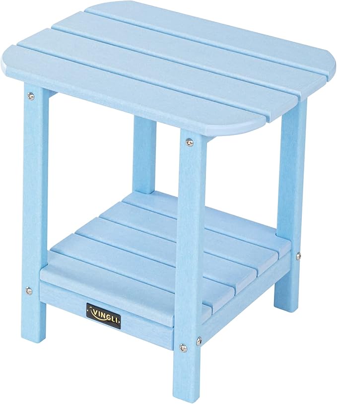 VINGLI Outdoor Side Table with 2 Layer Storage, Plastic Waterproof and UV Resistant HDPE Adirondack Coffee End Tables, All Weather for Patio, Backyard, Pool, Indoor Use (Blue)