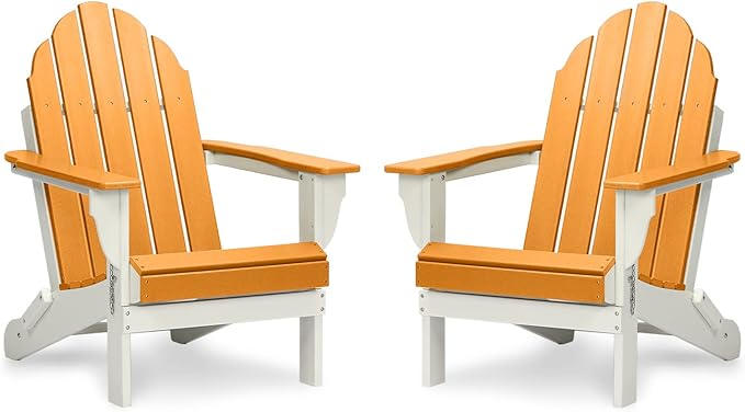 Aoodor HDPE Outdoor All-Weather Folding Adirondack Chair for Patio, Garden, Backyard, Lawn, Fire Pit, Set of 2, Orange