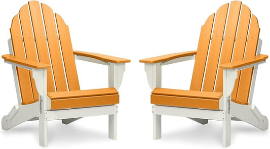 Aoodor HDPE Outdoor All-Weather Folding Adirondack Chair for Patio, Garden, Backyard, Lawn, Fire Pit, Set of 2, Orange