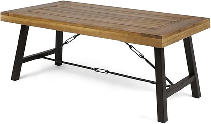 Outdoor Coffee Tables for Patio, Wood Patio Coffee Table Rectangle with Metal Frame, Industrial Patio Center Table for Garden Deck Balcony, Teak Finish Rustic Brown & Black