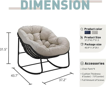 Indoor & Outdoor Rocking Chair, Oversized Rattan Royal Rocking Chair with Padded Cushion, Rocker Egg Chair for Living Room, Patio, Front Porch, Backyard, Beige
